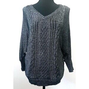 GUESS CABLE SWEATER M BLACK‎ GUNMETAL SPARKLE RIBBED  STRETCH 3/4 SLV WOMENS